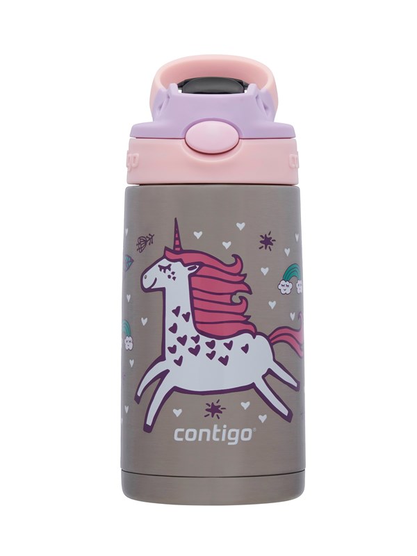 Contigo Easy Clean Autospout thermosfles met rietje voor kinderen, BPA-vrije roestvrij stalen waterfles, 100% lekvrij, makkelijk te reinigen, ideaal voor dagverblijf, school en sport, 380 ml | Flying Unicorn