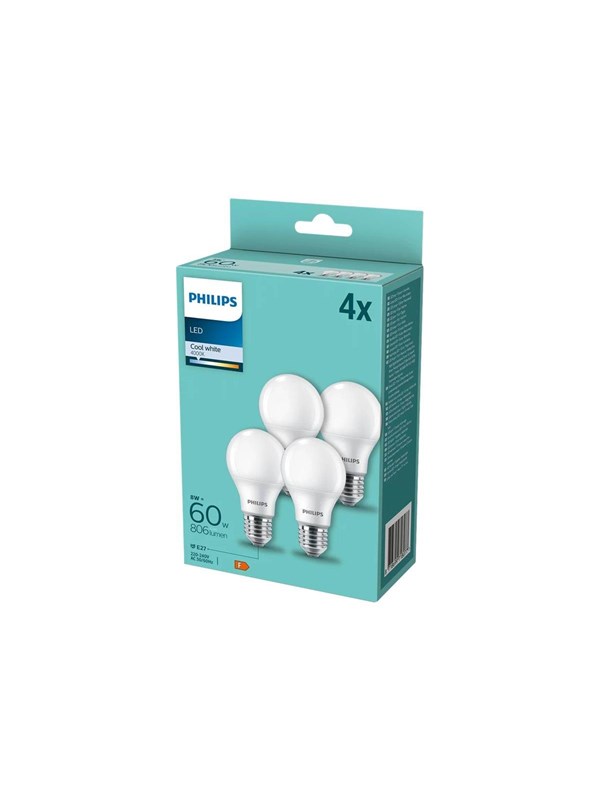 Philips CorePro LED Bulb A60 E27 8W 4000K 806lm 230V - 4-Pack - Wit Licht