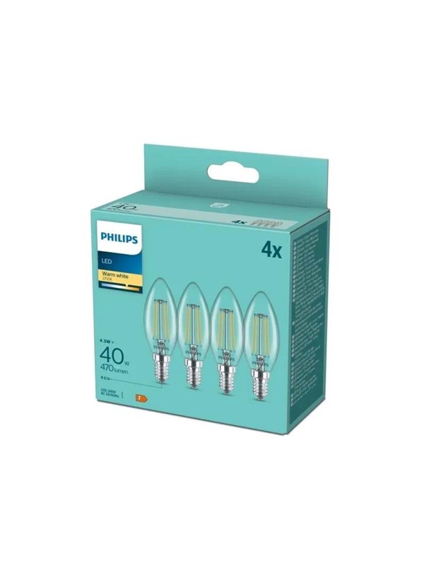 Philips LED spot Classic Candle 4,3W/827 (40W) Clear 4-pack E14
