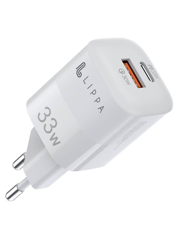 Lippa 33W USB-C PD & USB-A QC GaN Wall Charger - White