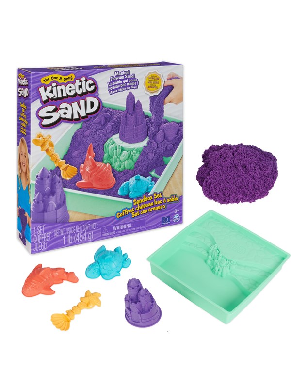 Kinetic Sand - Zandbak-set met 454 g paars origineel Kinetic Sand opbergzandbak 4 vormen en gereedschap - Sensorisch speelgoed