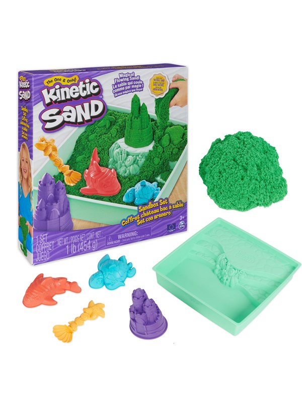 Kinetic Sand - Zandbak-set met 454 g groen origineel Kinetic Sand opbergzandbak 4 vormen en gereedschap - Sensorisch speelgoed