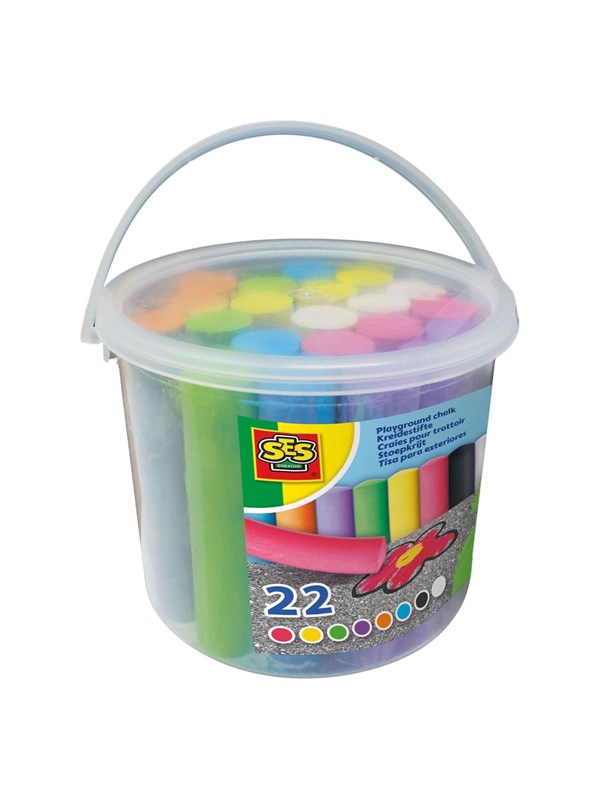 SES - Stoepkrijt emmer - 22 stuks - 8 kleuren inclusief zwart - stimuleert creativiteit