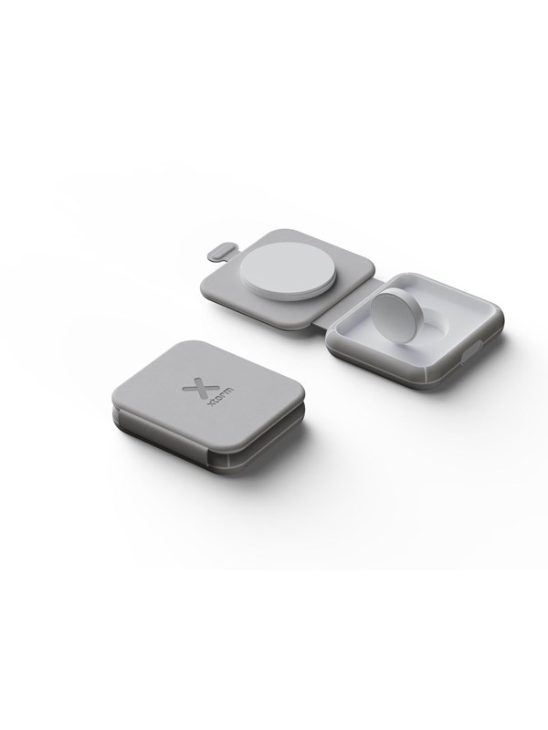 Xtorm 15W Opvouwbare Draadloze Oplader 2-in-1 - Geschikt voor iPhone, AirPods & Apple Watch - Stijlvol Ontwerp - Snelladen - Grijs