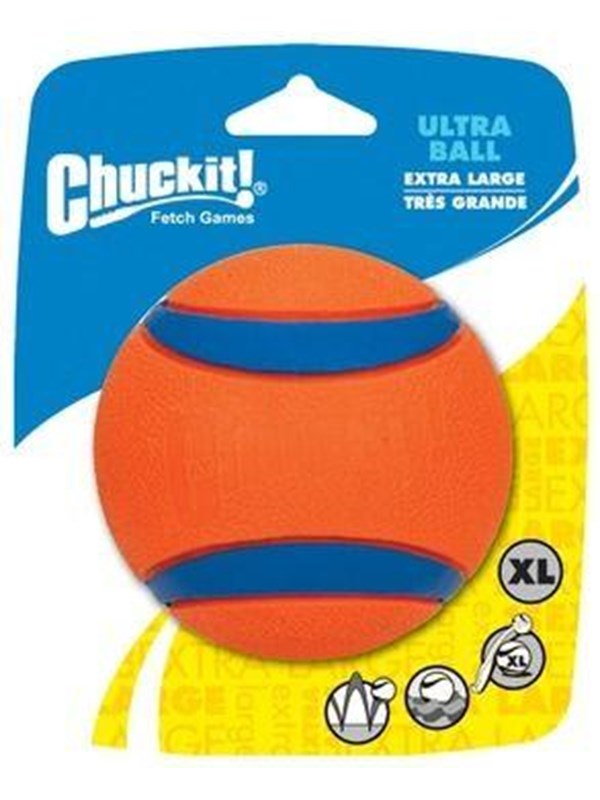 Chuckit! Ultra Ball – Hondenspeelgoed – Hondenbal – Apporteerspeelgoed – Duurzaam rubber - XL – Ø 9 cm – Oranje/Blauw - 1 Stuks