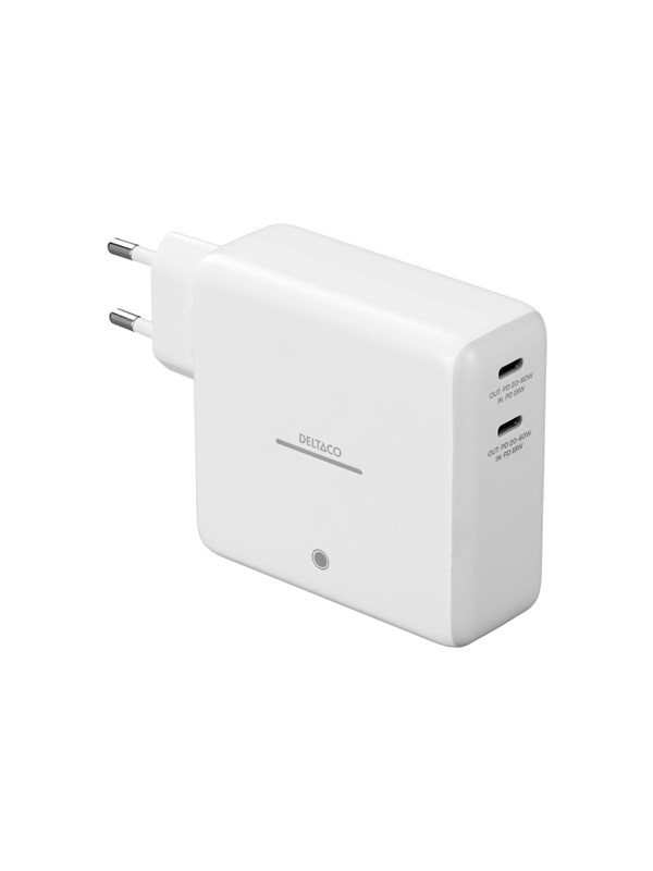 Deltaco USB-C GaN Wall Charger 60W w/ Built-in Powerbank | 9600 mAh | 2x USB-C | PPS | White