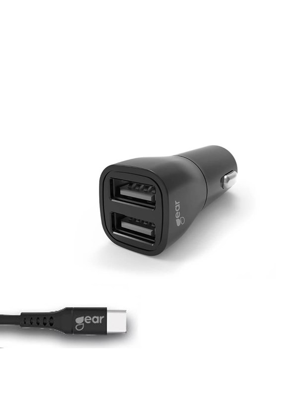 GEAR Charger 12-24V 2xUSB 3.4A Black USB-C 2.0 cable 1m