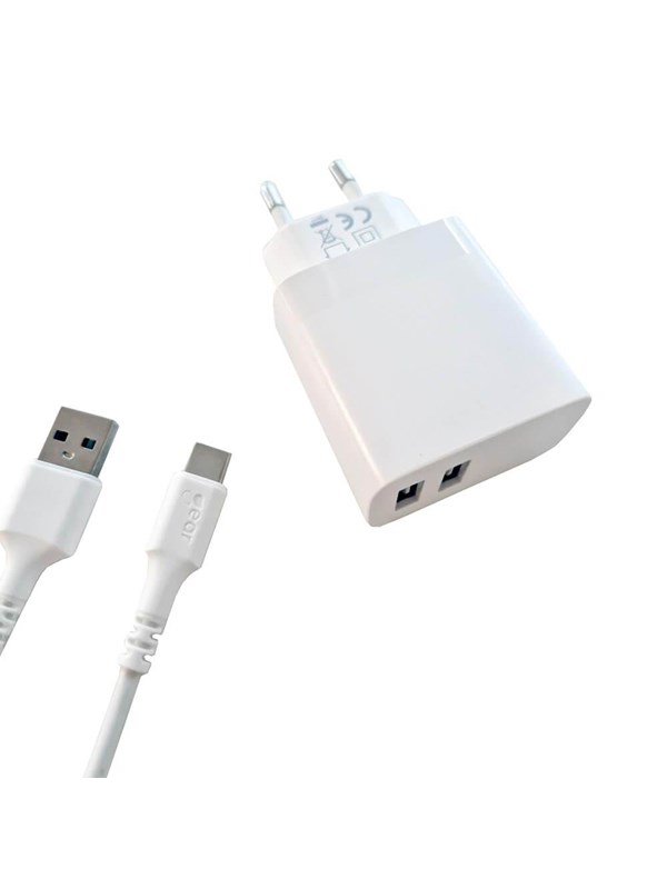 GEAR Charger 220V 2xUSB-A 3.4A White USB-C 2.0 Cable 1m