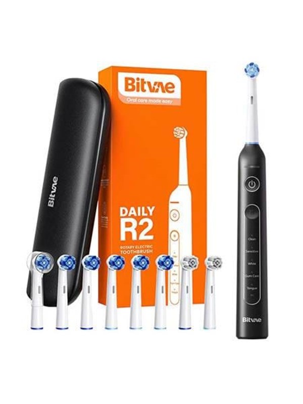 Bitvae Elektrische tandenborstel Rotary toothbrush with tips set and travel case R2 (black)