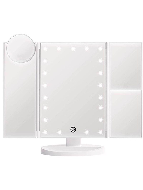 UNIQ Trifold Make Up Spiegel met LED verlichting en 2 vergrootspiegels - Staande spiegel - 21 LED-lampjes - op batterijen en USB (kabel incl) - Wit