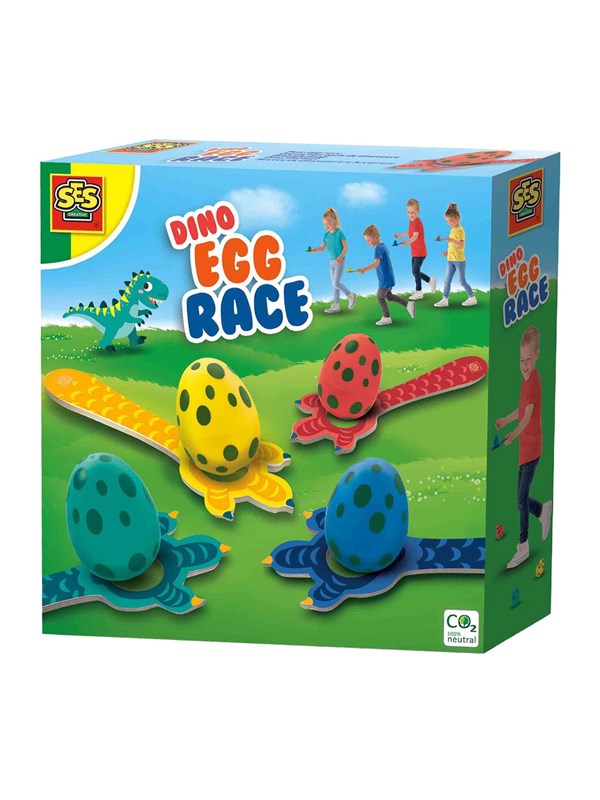 SES - Dino eierloop - set met 4 eieren, 4 dino lepels en 4 dino fiches - buiten spelen - met handige bewaartas - Dinosaurus Speelgoed