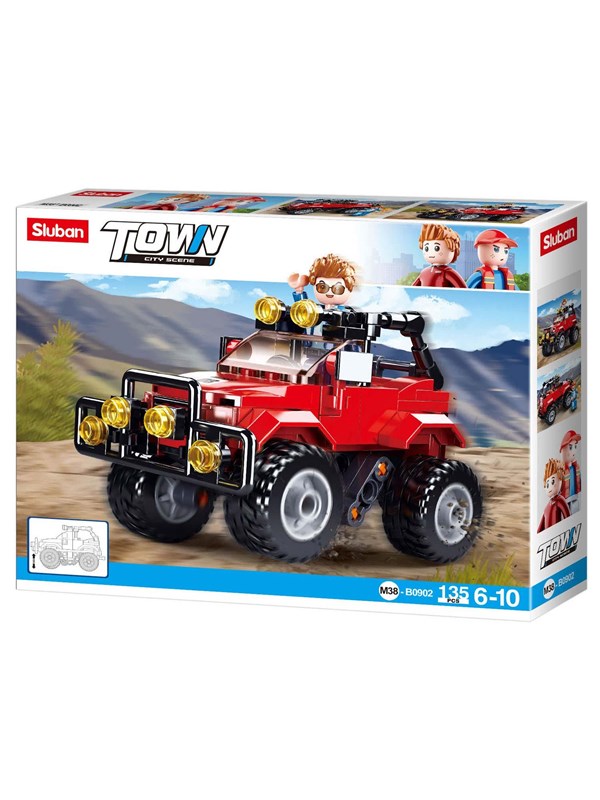 Sluban Town Rode Jeep bouwspeelgoed kinderen vanaf 6 jaar – Constructiespeelgoed modelbouw – bouwdoos met 135 bouwstenen en 1 minifiguur – M38-B0902