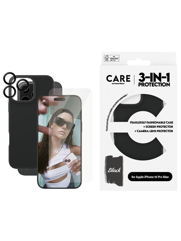 PanzerGlass, Stijlvolle 3-in-1 Ultra-Wide Fit Beschermer Bundel Geschikt voor Apple iPhone 16 Pro Max, Doorzichtig zwart