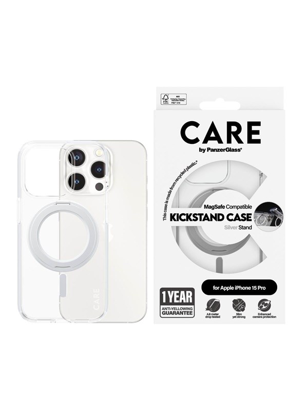 CARE by PanzerGlass Feature Case Transparent w. Silver Kickstand & MagSafe iPhone 15 Pro
