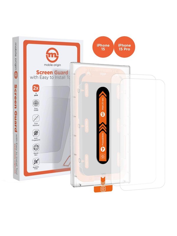 Mobile Origin Oranje Screen Guard Voor Iphone 15 Pro/15 Met Handige Applicator, 2 Stuks