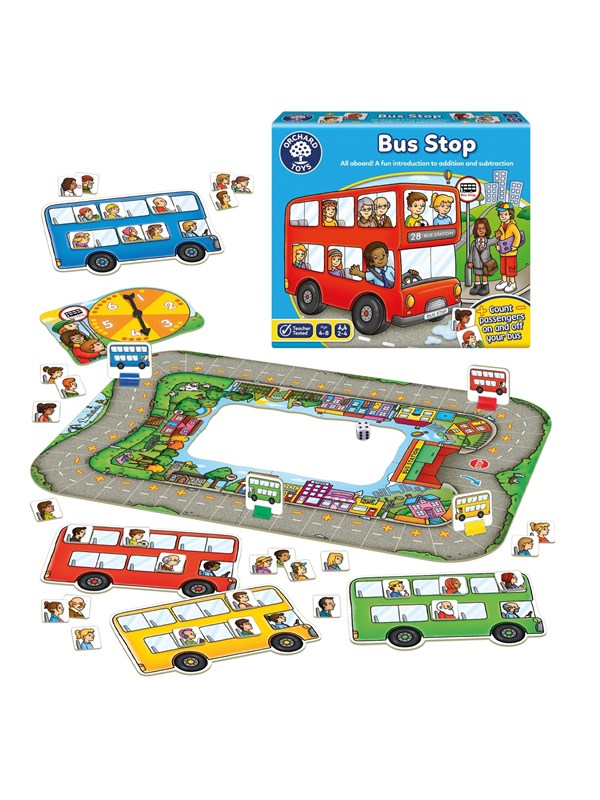 Orchard Toys - Bus Stop - Rekenspel met bus - laat passagiers in- en uitstappen - optel- en aftreksommen - vanaf 4 jaar