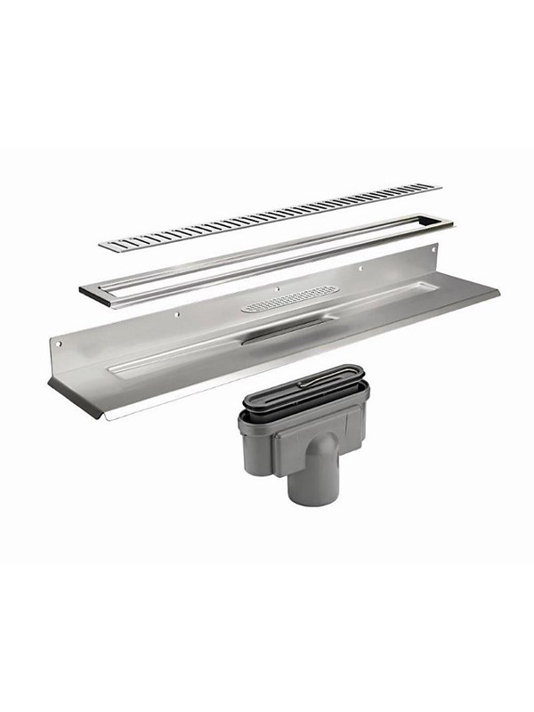 Unidrain Complete floor drain against rear wall 800 mm 10 mm frame Column grate 75 mm vertical outlet housing