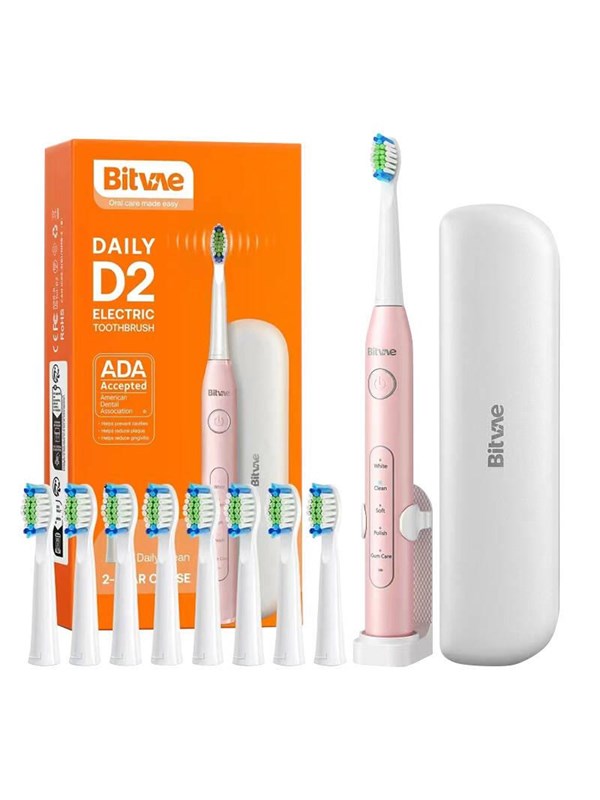 Bitvae Elektrische tandenborstel Sonic toothbrush with tips set holder and case D2 (pink)