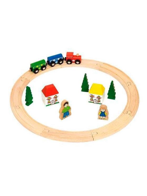 Houten Treinbaan Startersset - BIGJIGS - 20-Delig - Met Rails, Trein en Figuren