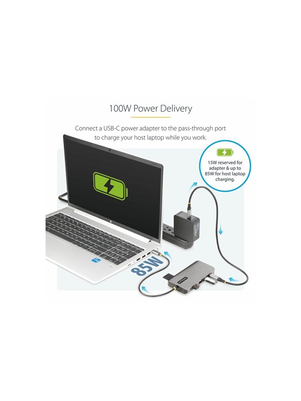 StarTech.com USB-C Triple Monitor Multiport Adapter, 5Gbps, Dual 4K 60Hz + 4K 30Hz HDMI & DisplayPort, 4-Port USB Hub, 100W PD Pass-Through, GbE, SD/MicroSD Kaartlezers