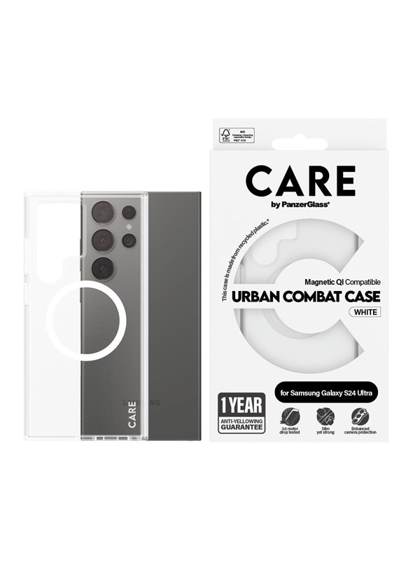 CARE by PanzerGlass Flagship Case Transparent Urban Combat w. White QI Compatible Samsung Galaxy S24 Ultra