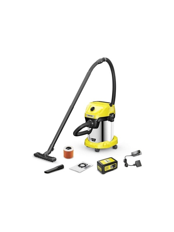 Kärcher WD 3-18 S Battery Set V-17/20 Nat- en Droogzuiger - 18 V - Accu 18 V / 5,0 Ah en lader inbegrepen - 17 l - RVS container - Patroonfilter