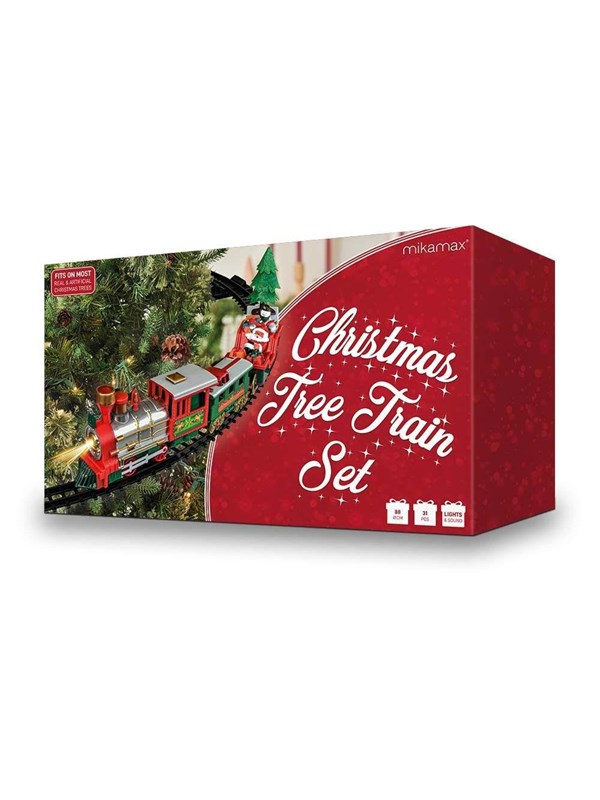 MikaMax Kersttrein Rondom de Kerstboom – Christmas Tree Train Set – 31-delige Kerstdecoratie met Rails, Santa, Licht & Geluid
