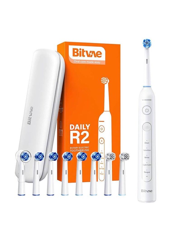 Bitvae Elektrische tandenborstel Rotary toothbrush with tips set and travel case R2 (white)