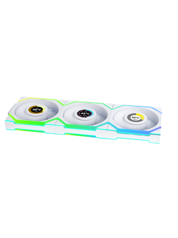 Lian Li UNI FAN SL Wireless LCD Reverse Blade White - Ventilatorhuis 3-pack - 120mm - 350 - 1900 rpm - 31 dBA - 4-pin PWM - Lian Li L-Connect - ARGB - wit