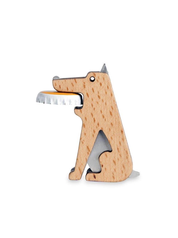 Kikkerland Flesopener - Voor bierflessen en glazen flesjes - Roestvrij staal - Beukenhout - In de vorm van een hond - Van roestvrij staal en beukenhout - Magnetisch