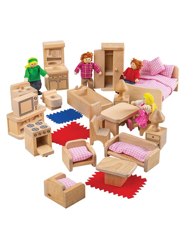 Bigjigs Wooden Doll Family with Furniture 26 pieces