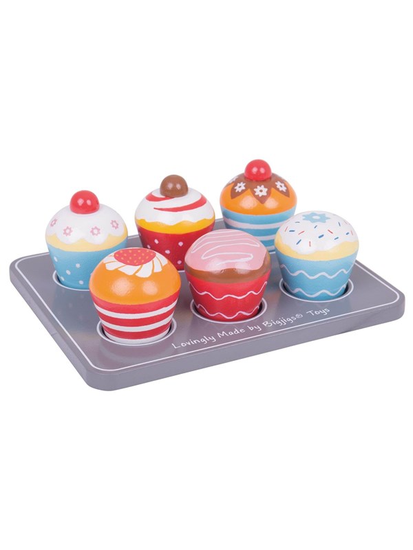 Speelgoedeten - Kleurige muffins - Op dienblad - Hout - 6st.