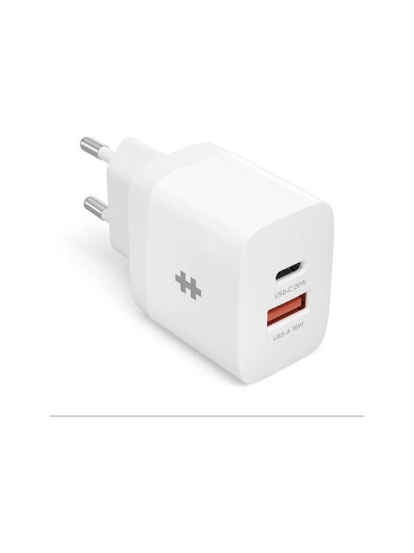 Hyper HyperJuice 2-port oplader (20W) – Snel opladen voor elk USB-C apparaat – Ingebouwde inklapbare wandstekker – Toonaangevende bescherming tegen overbelasting en kortsluiting - Wit