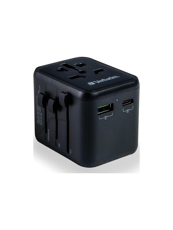 Verbatim Universal Reiseadapter UTA‑02, Steckdosenadapter mit USB‑A und USB-C Anschluss, Reisestecker fur Laptop, Handy, Kamera und Co, weltweit einsetzbar, 100-250 V