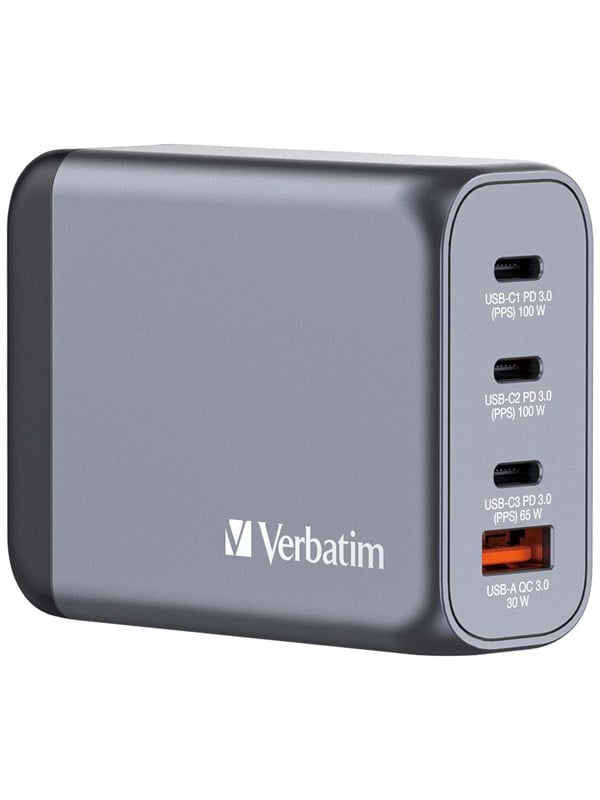 Verbatim GNC-100 Reislader 100 W 1x USB-A, 3x USB-C USB PD, USB PD 3.0, QC 3.0 Grijs GaN, Met adapter voor Europa, Met adapter voor Verenigd