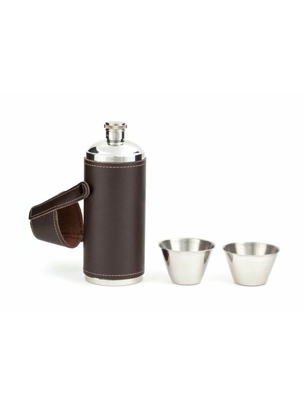 Kikkerland Waterfles - Veldfles - Inclusief 2 shotglaasjes - Leren omhulsel - Ideaal voor hiken, picnicken en kamperen