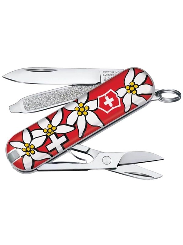 VICTORINOX Classic SD Edelweiss Patroon Zwitsers Zakmes Multifunctioneel Mes Outdoor Kamperen Schaar met Platte Schroevendraaier Uitgerust met Nagel