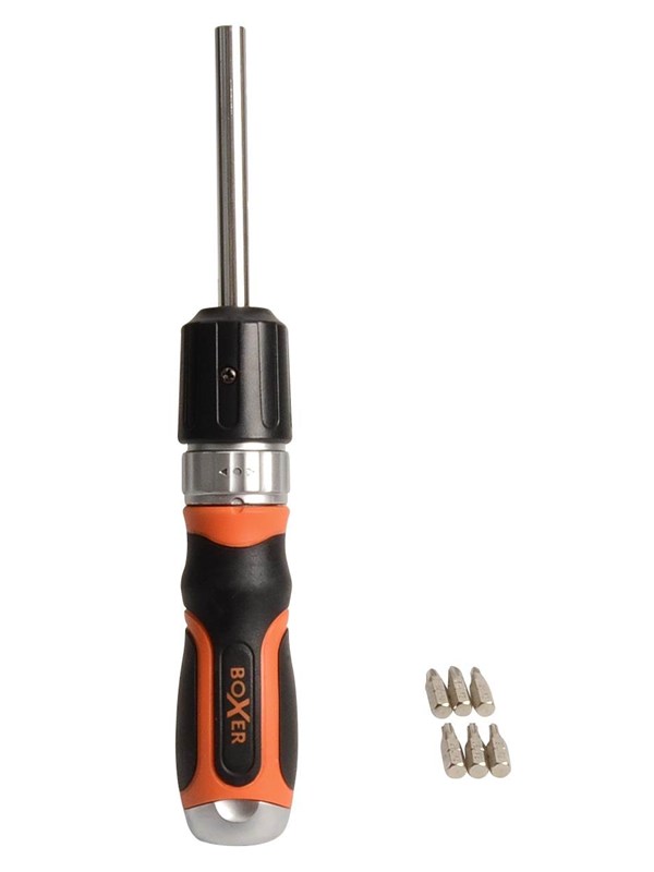 Boxer ratchet screwdriver with 6 bits