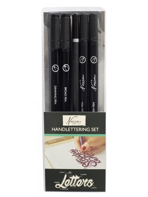 Handlettering set - Nassau Fine Art - Inhoud: Brush tip / Fine tip / Bullet tip 1mm / Calligraphy tip 3mm / 3H potlood