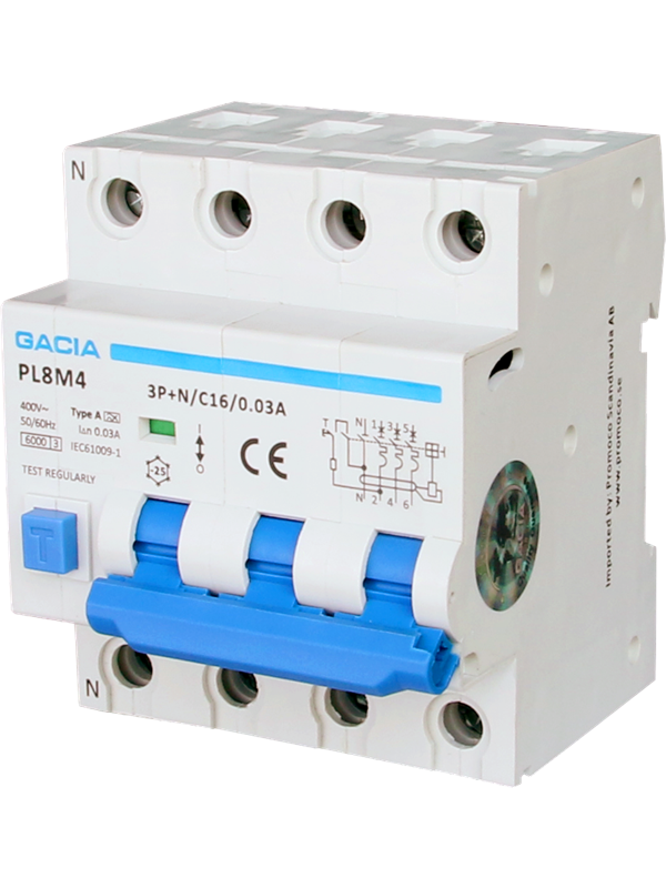 Gacia C25A RCBO combi circuit breaker 3P+N 30mA 6kA