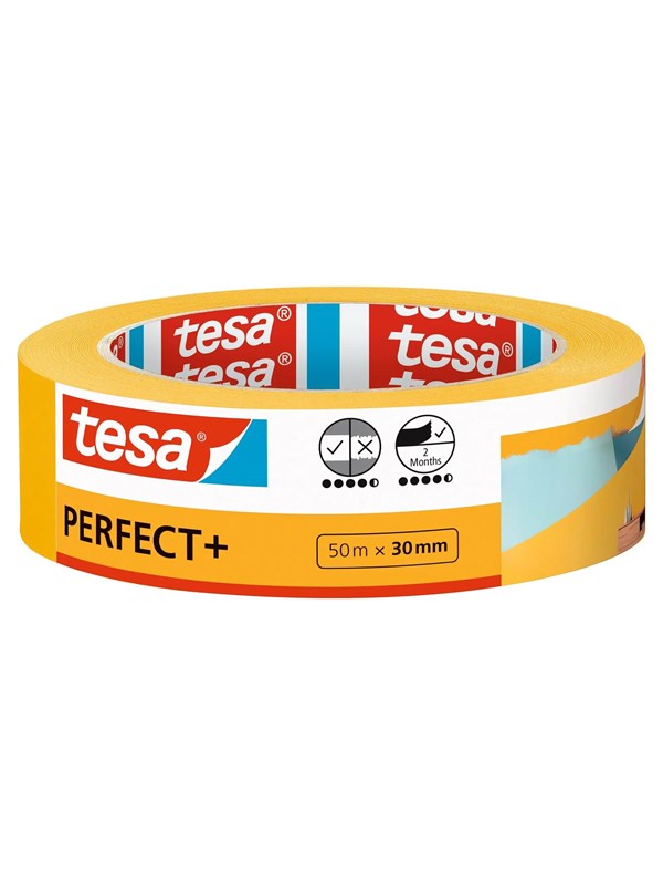tesa Perfect+ schilderstape, 50 m × 30 mm - schone gekleurde randen, scheurvast, zonder residu, voor binnen