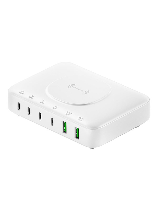 4smarts 100W 7-in-1 GaN Oplaadstation - Snellader met Power Delivery en Quick Charge - Geschikt voor o.a. Telefoon, Tablet, Laptop en MacBook - met Draadloos Opladen - Wit