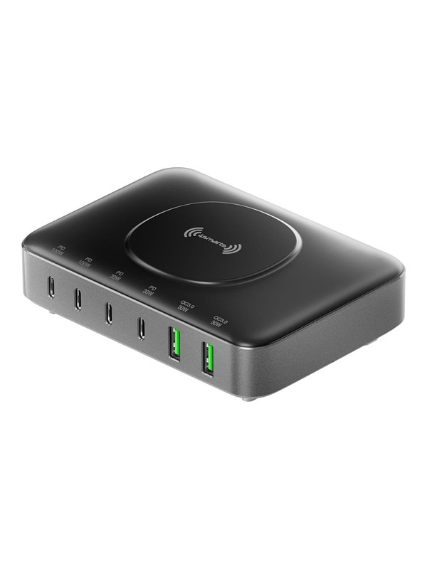 4smarts 100W 7-in-1 GaN Oplaadstation - Snellader met Power Delivery en Quick Charge - Geschikt voor o.a. Telefoon, Tablet, Laptop en MacBook - met Draadloos Opladen - Zwart/Grijs