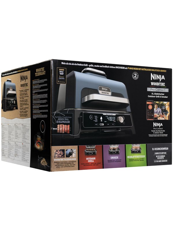 Ninja Woodfire Pro Connect XL - 7-in-1 Elektrische Smart BBQ Grill en Smoker - Inclusief Digitale Braadthermometer - Connect App - OG901EU
