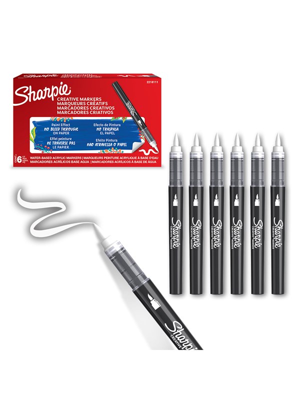 Sharpie Creative Marker Acrylic Paint Pens | Brush Tip Water-Based Paint Markers | White | 6 Count