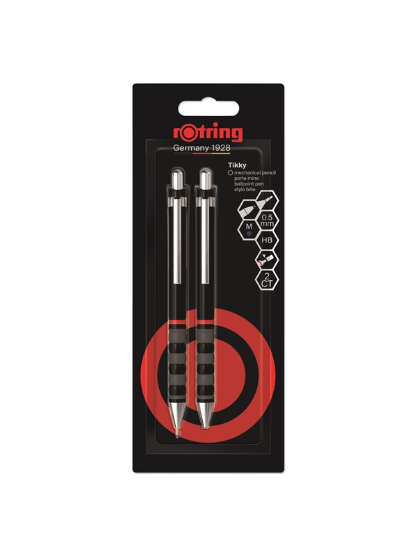 rOtring Tikky vulpotlood- en balpenset | Grafiet HB, 0,5 mm potlood | Pen met medium punt | Zwarte huls | Lichtgewicht met rubberen grip
