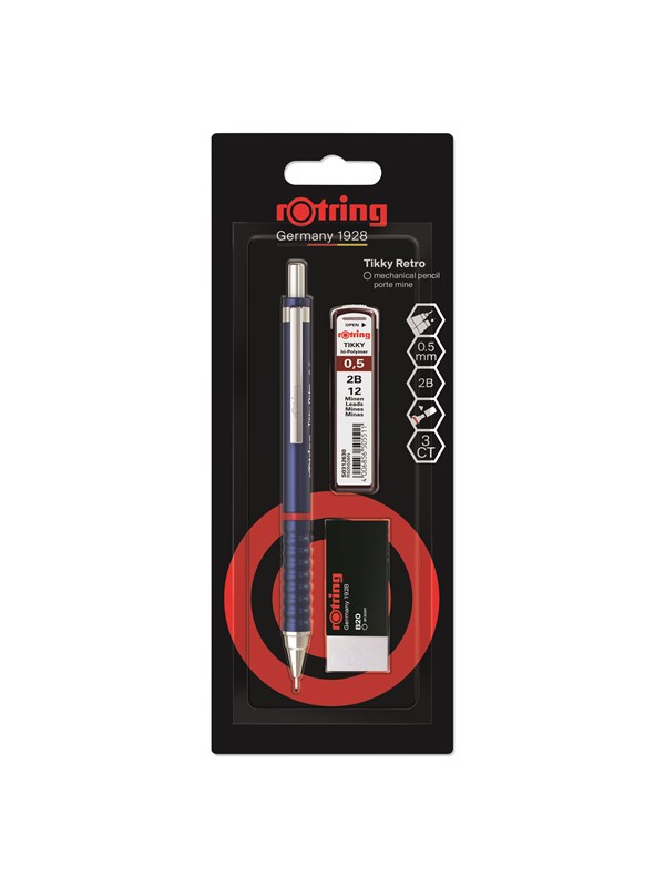 Rotring Tikky Retro Mechanical Pencil & Eraser Set | 2B lead 0.5 mm | Blue Barrel