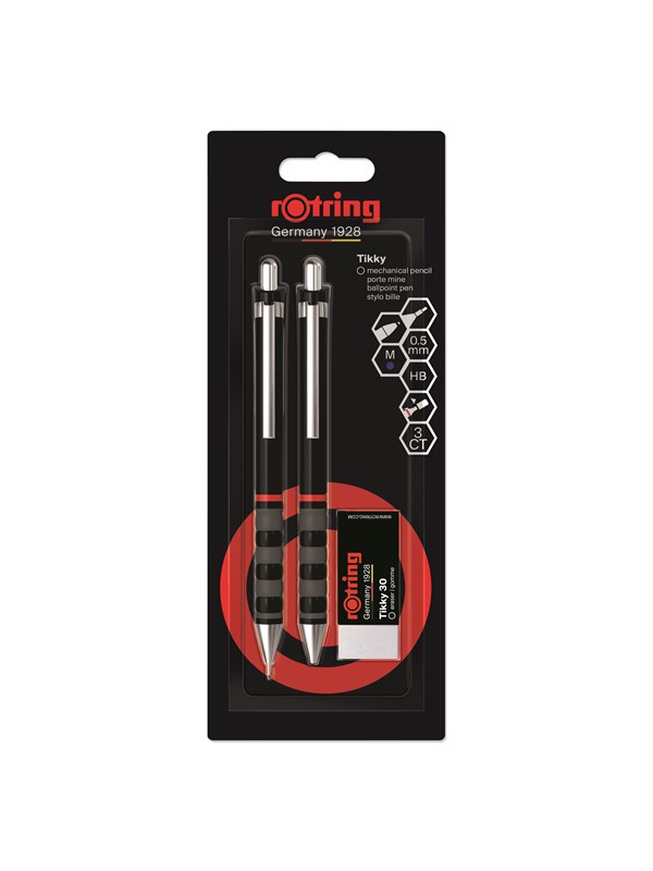 rOtring Tikky vulpotlood-, balpen- en gomset | Grafiet HB, 0,5 mm potlood | Pen met medium punt | Zwarte huls | Lichtgewicht met rubberen grip