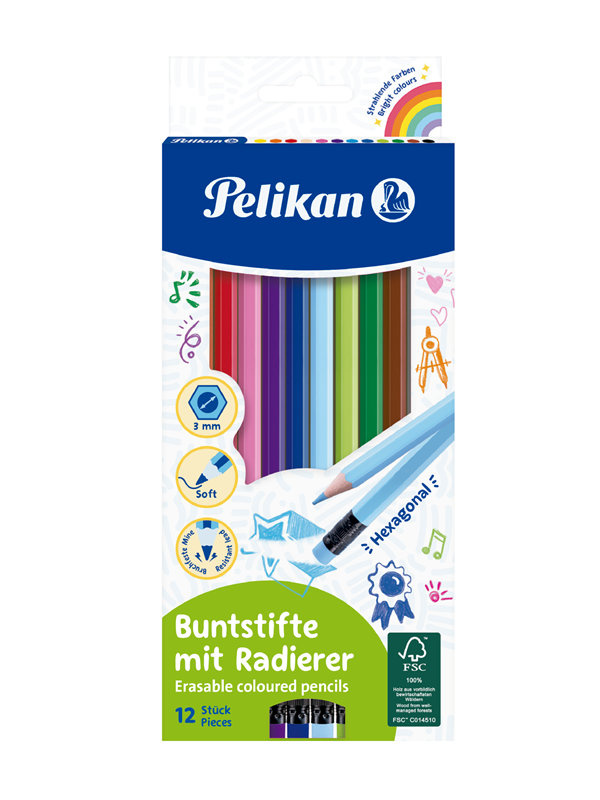 Pelikan 12 Col. Pencils erasable hexa.FSC