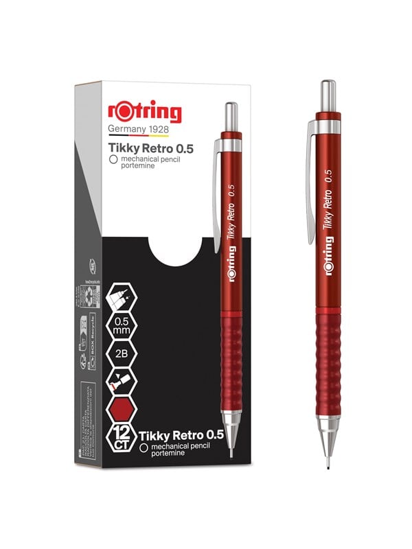 Rotring Tikky Retro Mechanical Pencils | 2B 0.5 mm | Red Barrels | with Comfort Rippled Grip | 12 Count